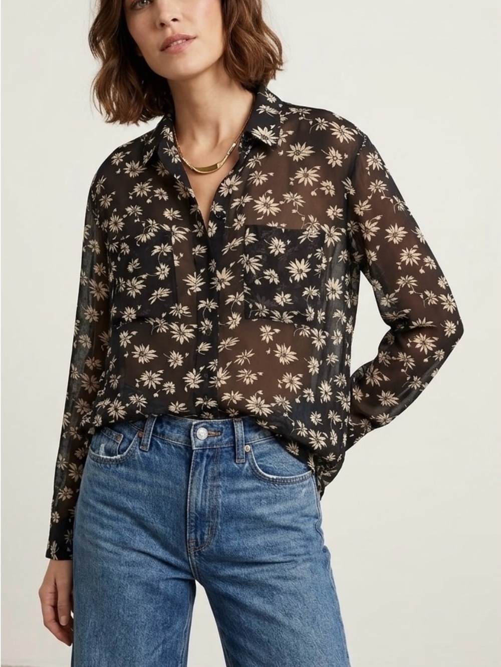 Alexa Chung for Madewell Silk Daisy Blouse Black Cream M Indie Sleaze Boho